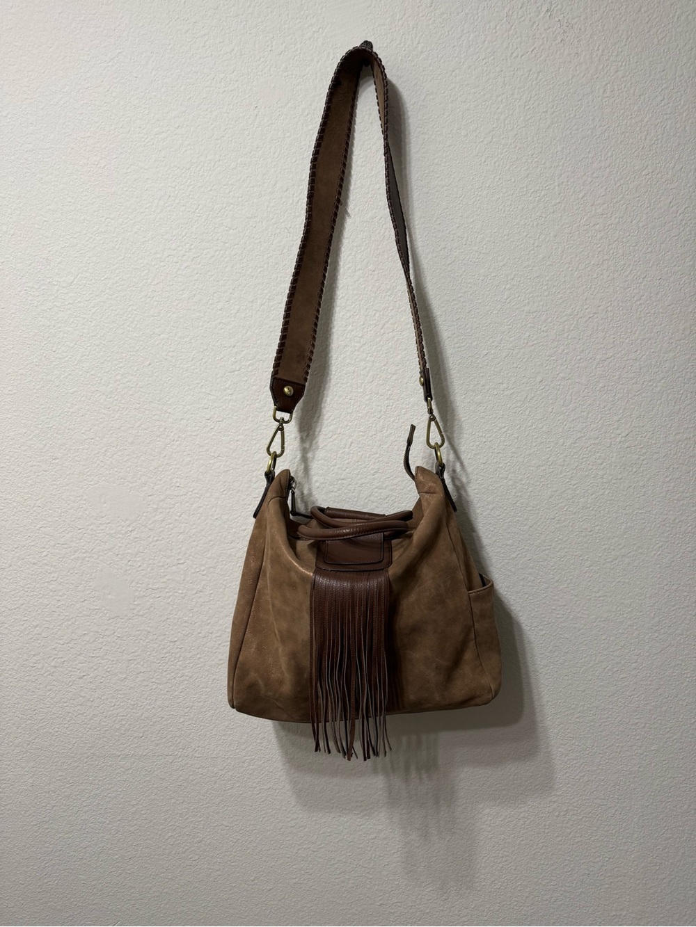 HOBO Original Fringe Accent Suede Shoulder Bag in Taupe and Dark Brown - Picture 3 of 11